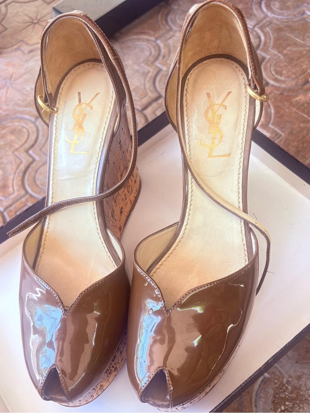 Yves Saint Laurent Brown Patent Leather Peep-Toe Wedge Sandals